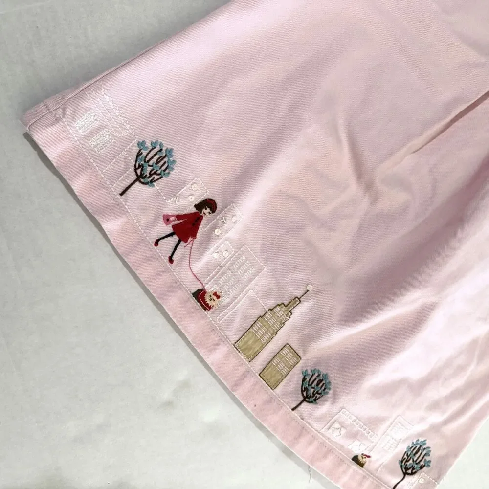 Girls Pink A-line Short Sleeve Cityscape Embroidered Dress, 4, Y2K New York